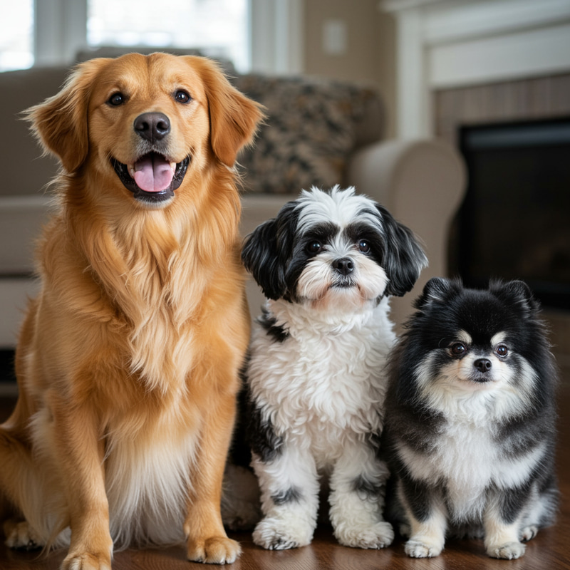 Portrait of 3 Adorable Dogs: Golden, Shih Poo & Pomeranian Portrait of 3 Adorable Dogs: Golden, Shih Poo & Pomeranian