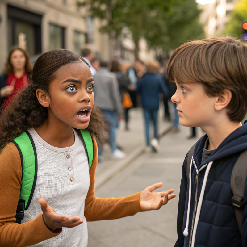 Green-Eyed Girl and Blue-Eyed Boy in Heated Discussion Green-Eyed Girl and Blue-Eyed Boy in Heated Discussion