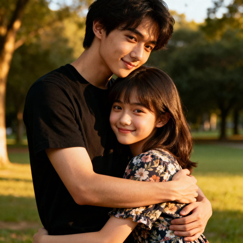 Heartwarming Park Embrace of a Young Couple