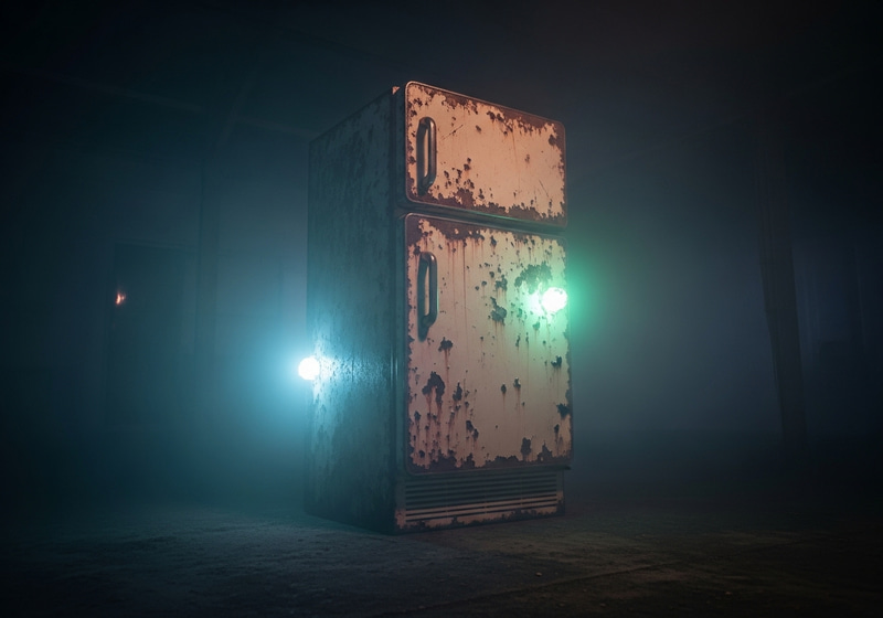 Mysterious Fridge in a Misty Scene Mysterious Fridge in a Misty Scene