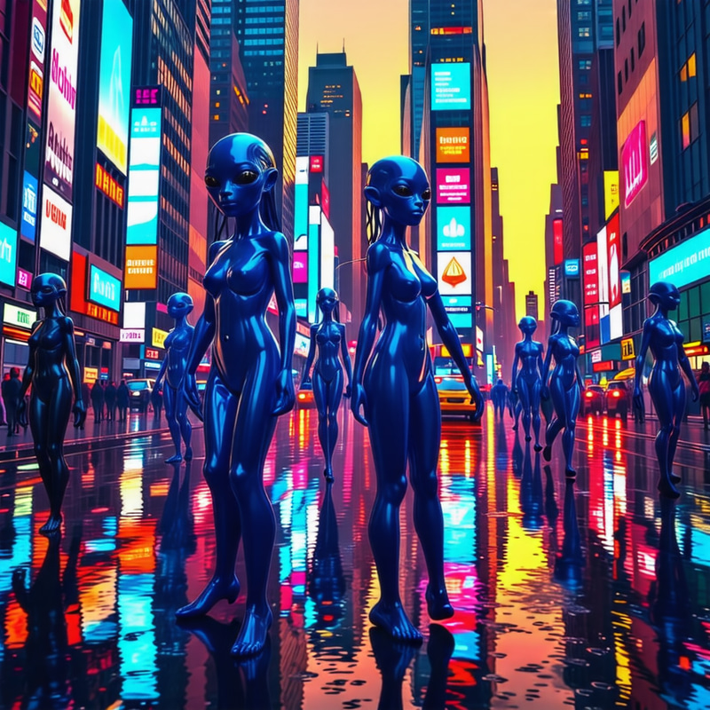 Futuristic Sci-Fi Scene in New York City with Extraterrestrial Beings Futuristic Sci-Fi Scene in New York City with Extraterrestrial Beings