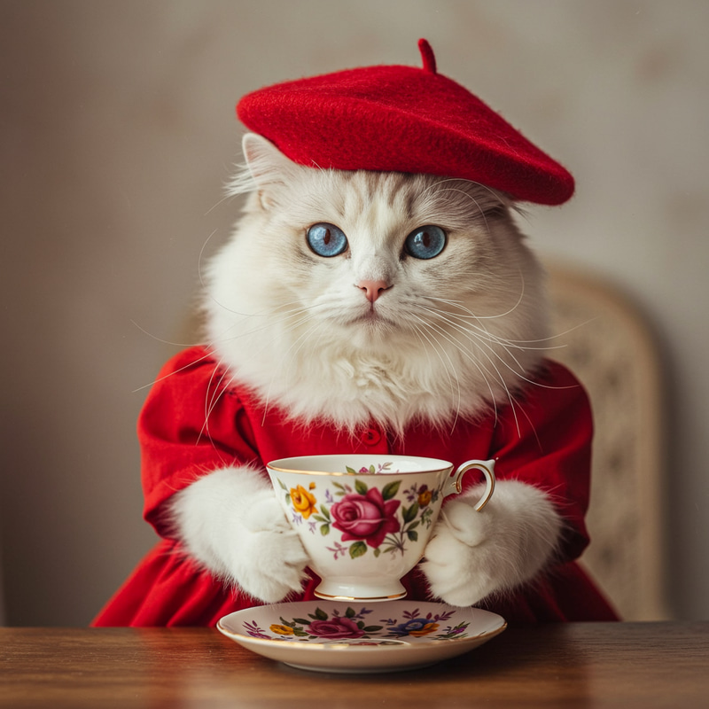 Adorable White Cat in Red Beret and Dress Adorable White Cat in Red Beret and Dress