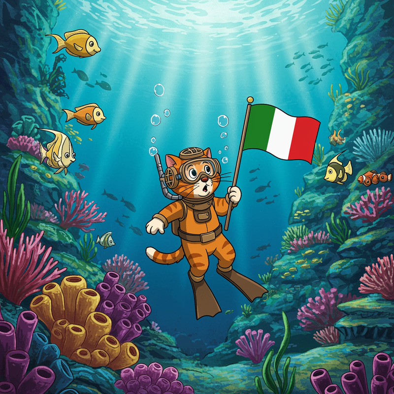 Disney Style Cartoon of Cat in Diving Gear Disney Style Cartoon of Cat in Diving Gear