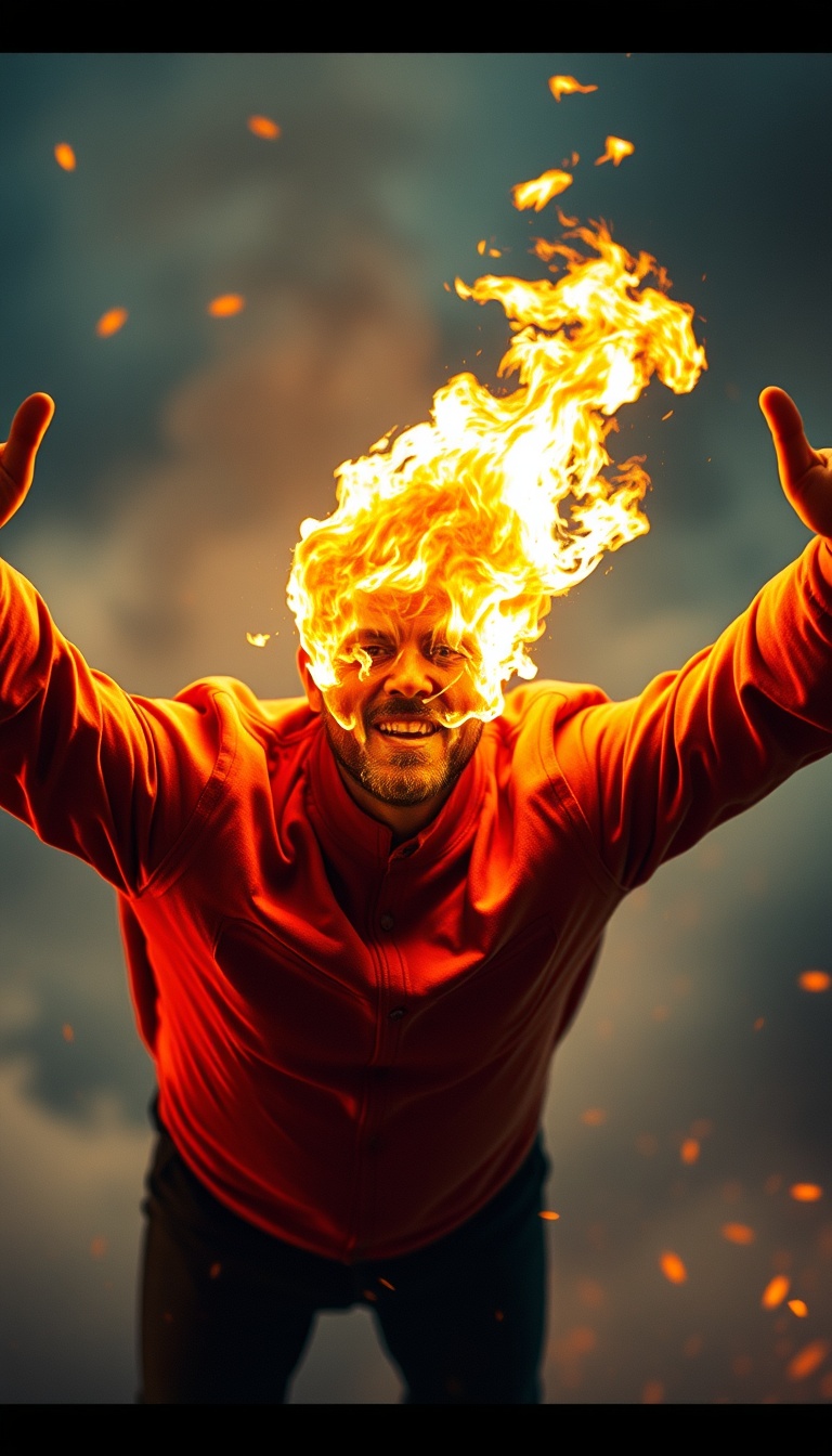 Dramatic Fire-Faced Man Flying in Surreal Atmosphere Dramatic Fire-Faced Man Flying in Surreal Atmosphere