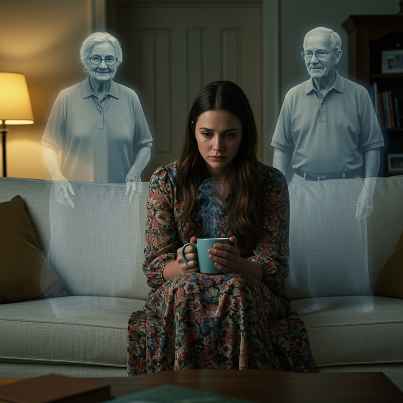 Melancholic Woman Reflects on Family Spirits Melancholic Woman Reflects on Family Spirits