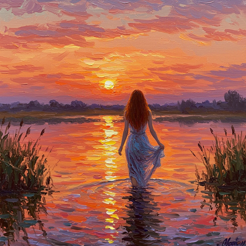 Sunset Oil Painting: Woman Walking in Water Sunset Oil Painting: Woman Walking in Water