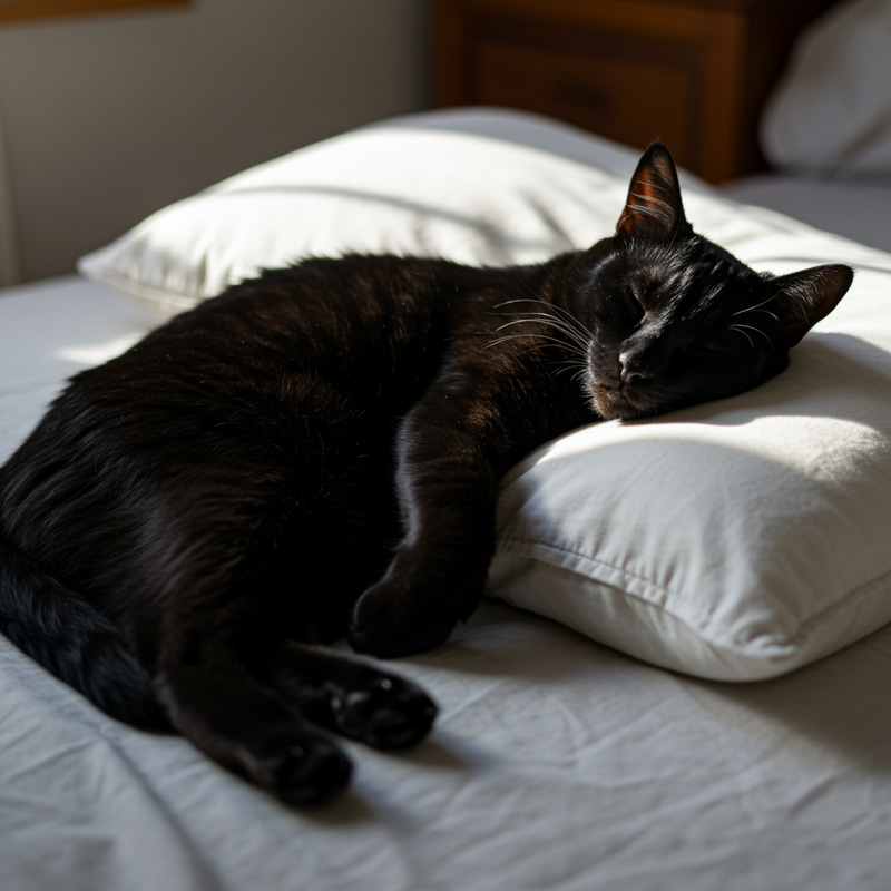 Black Cat Comfortably Sleeping on a Pillow