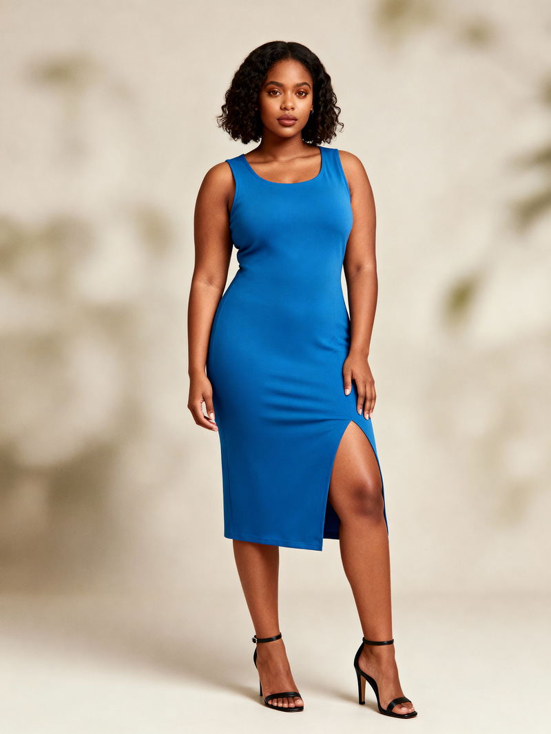 Confident Curvy Model in Elegant Blue Dress Confident Curvy Model in Elegant Blue Dress