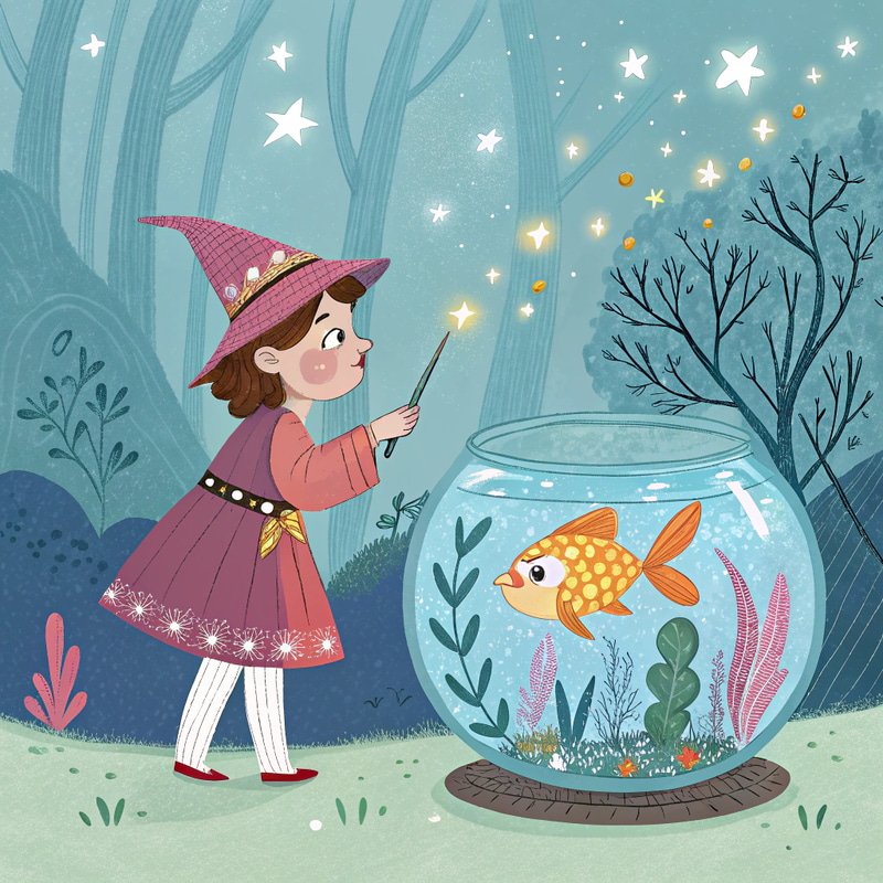 Storybook Girl with Fish in Aquarium Storybook Girl with Fish in Aquarium