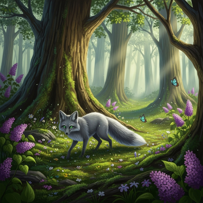 Mystical Forest with Ethereal Fox and Wildflowers Mystical Forest with Ethereal Fox and Wildflowers