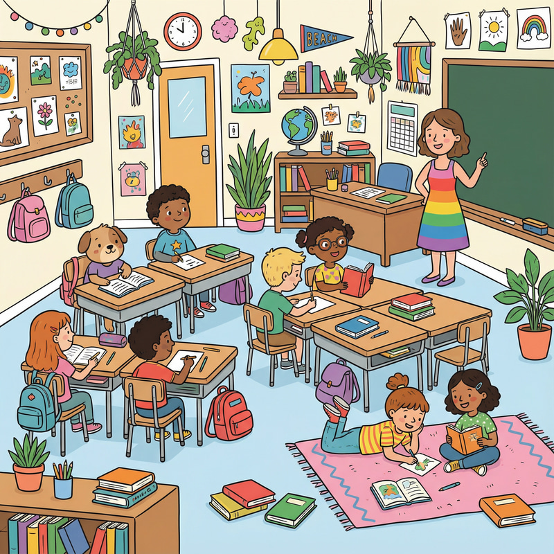 Colorful Cartoon Classroom with Students and Teacher Colorful Cartoon Classroom with Students and Teacher