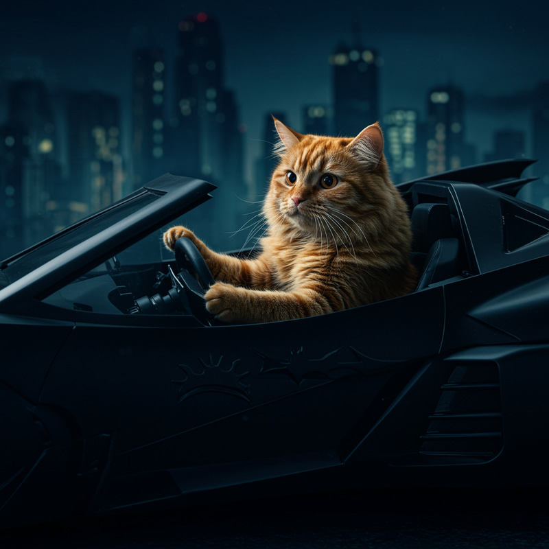 Cat Driving the Batmobile: Adorable Adventure Cat Driving the Batmobile: Adorable Adventure