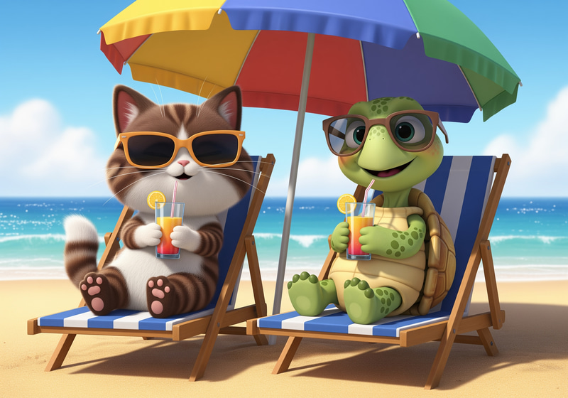 Cute Cat and Turtle Relaxing on Sunny Beach Cute Cat and Turtle Relaxing on Sunny Beach