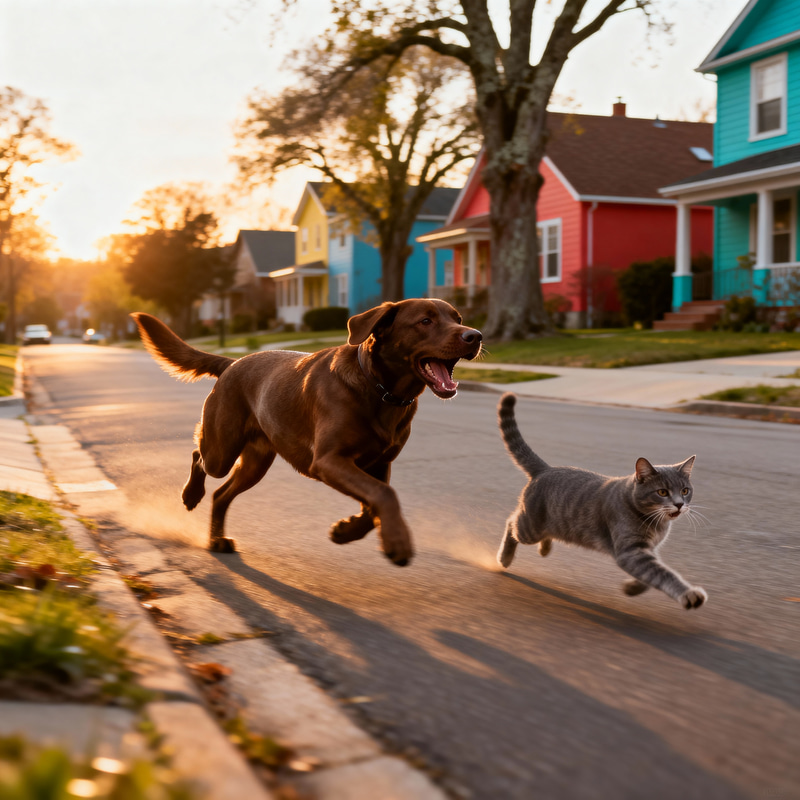 Excited Dog Chasing Cat in Suburban Neighborhood