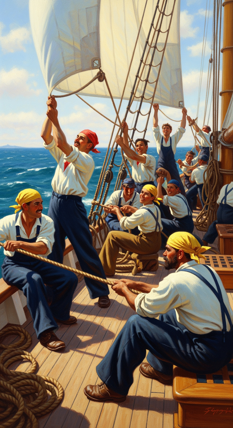 Joyful Sailors at Work on a Sunlit Boat Deck Joyful Sailors at Work on a Sunlit Boat Deck