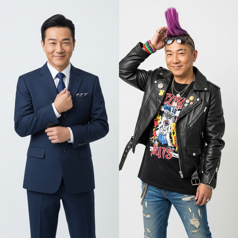 Asian Man in Dual Outfits: Office vs Funky Style Asian Man in Dual Outfits: Office vs Funky Style