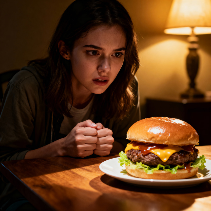 Temptation Overcome: Woman Resists Delicious Hamburger Temptation Overcome: Woman Resists Delicious Hamburger