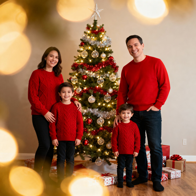 Cozy Family Christmas Photo with Twinkling Lights Cozy Family Christmas Photo with Twinkling Lights
