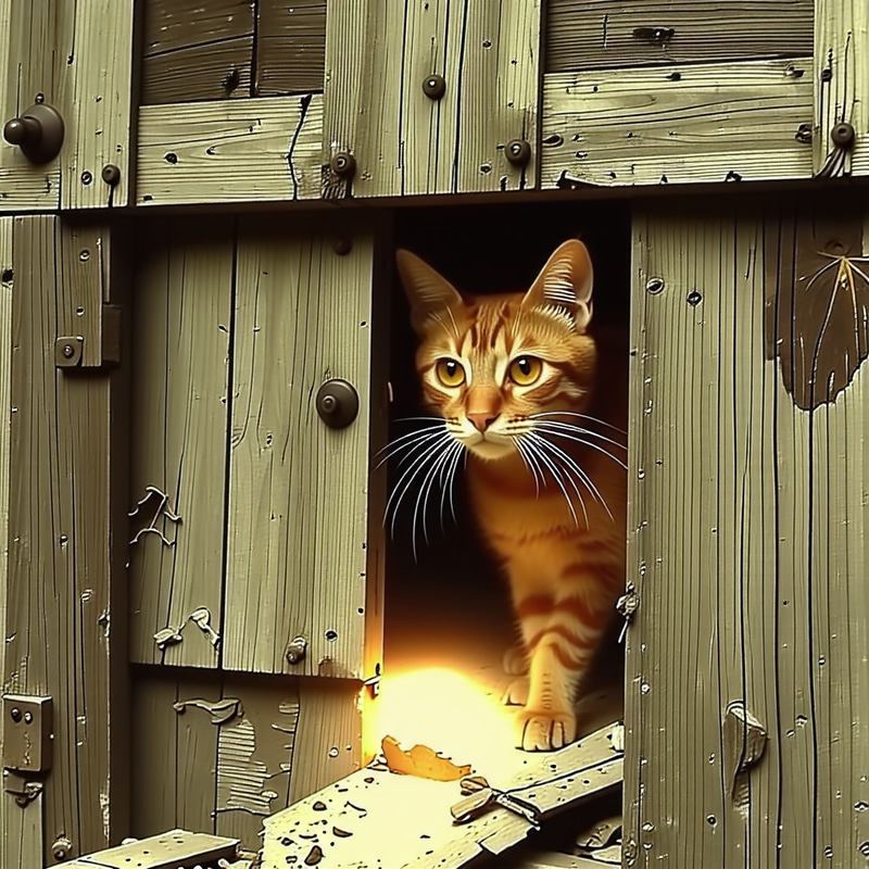 Curious Orange Cat Squeezing Through Abandoned House Door Curious Orange Cat Squeezing Through Abandoned House Door