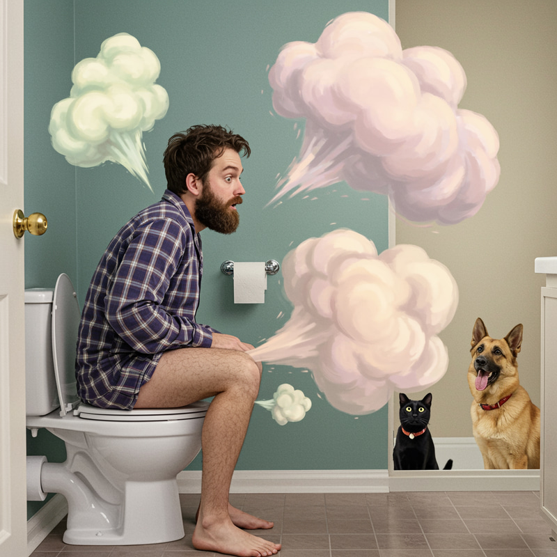 Funny Bathroom Moment: Man, Pets & Fart Clouds Funny Bathroom Moment: Man, Pets & Fart Clouds