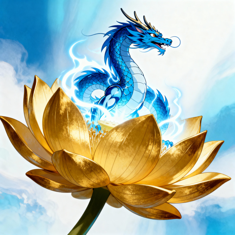 80s Anime Art: Golden Lotus & Blue Dragon Design
