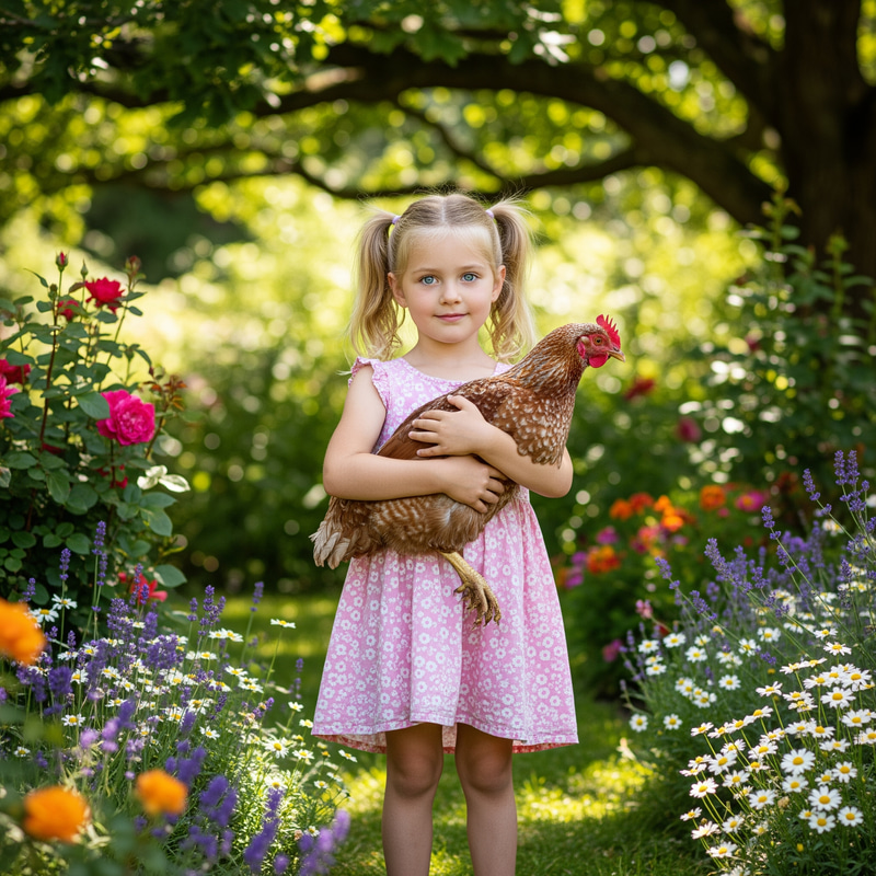 Sweet Girl in Pink Dress with Chicken in Garden Sweet Girl in Pink Dress with Chicken in Garden