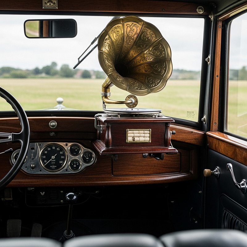 Vintage Gramophone on Model T Car Dashboard Vintage Gramophone on Model T Car Dashboard