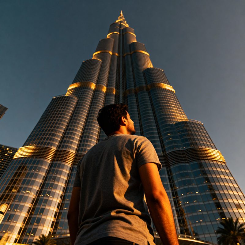 Man Standing Before Burj Khalifa Man Standing Before Burj Khalifa