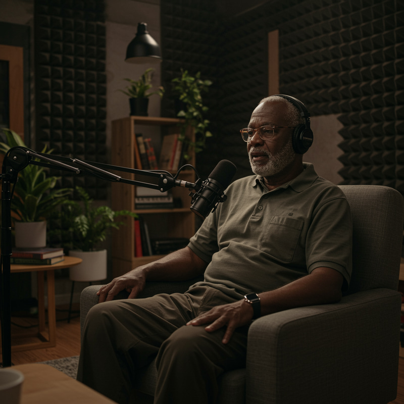 Realistic Podcast Room with Elderly Man