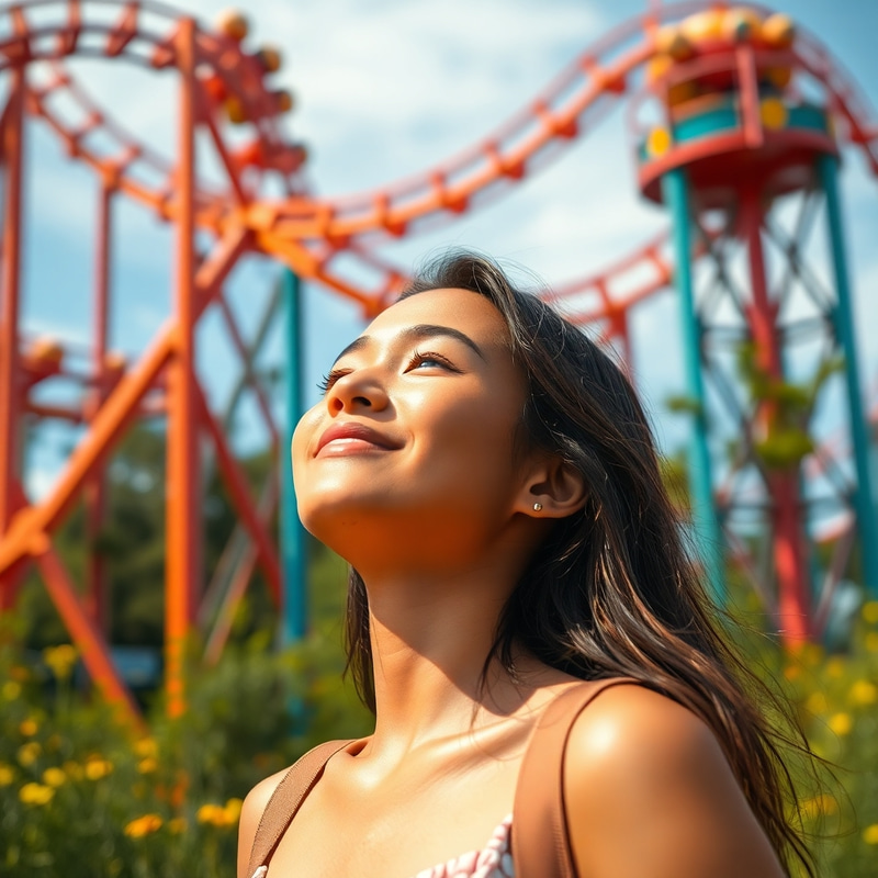 Joyful Model Smiling Amidst Vibrant Rollercoaster Joyful Model Smiling Amidst Vibrant Rollercoaster