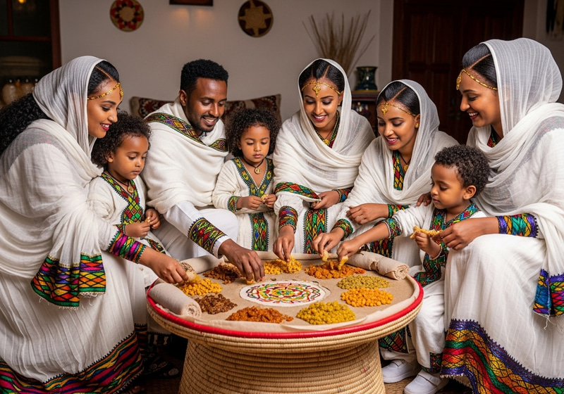 Ethiopian Family Feasting in Traditional Attire