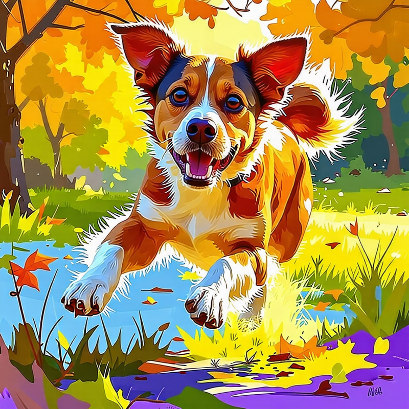 Playful Dog Running and Jumping in Sunny Park - Vibrant Digital Painting Playful Dog Running and Jumping in Sunny Park - Vibrant Digital Painting