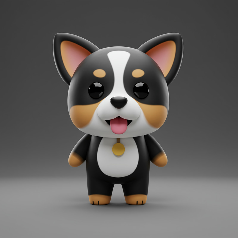 Cute 3D Mascot Dog in Black, Tan & White