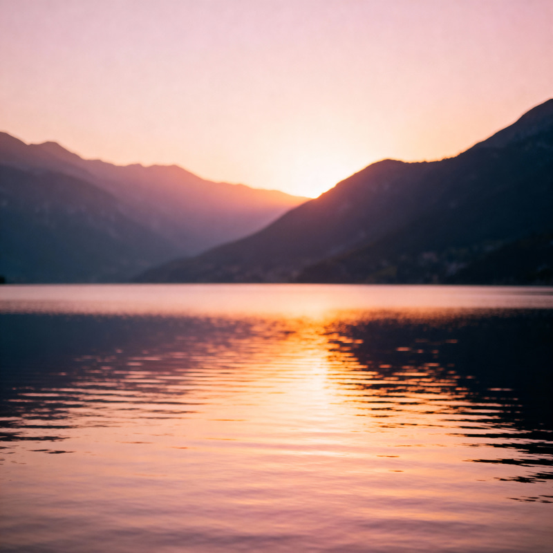 Serene Sunset Over a Calm Lake and Mountains