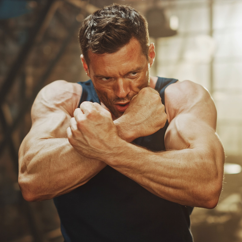 Flexing Biceps Pose with Intense Veins