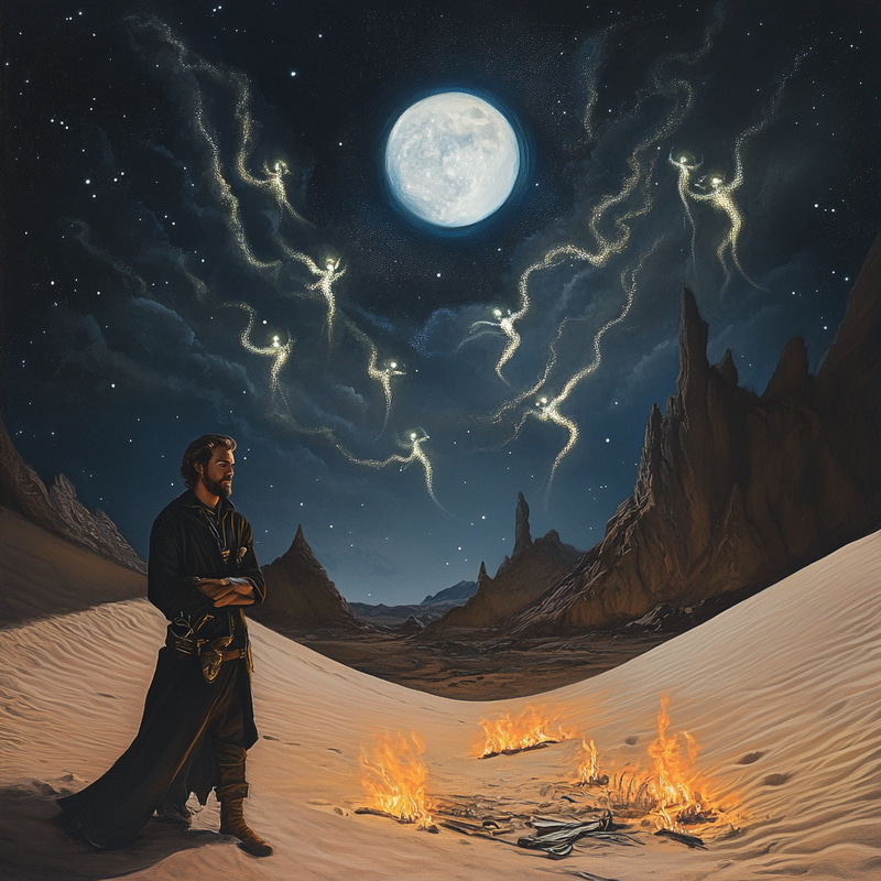 Mystical Desert Landscape at Night with Ethereal Spirits Mystical Desert Landscape at Night with Ethereal Spirits