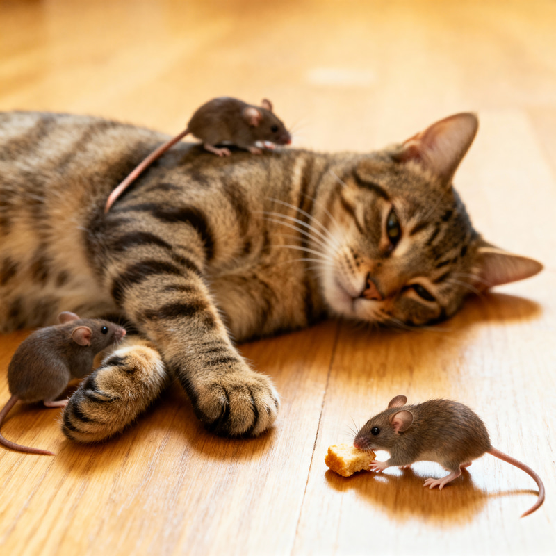 Mice Playing with a Cat in a Photo Mice Playing with a Cat in a Photo