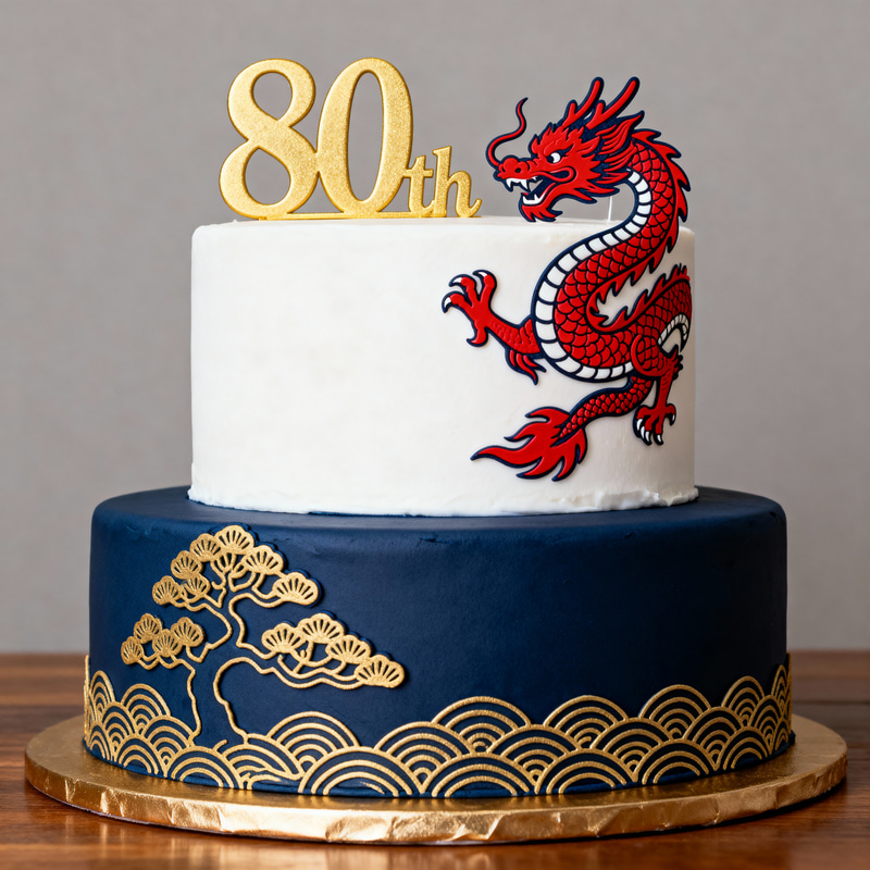 Elegant 80th Oriental Cake with Dragon Decoration Elegant 80th Oriental Cake with Dragon Decoration