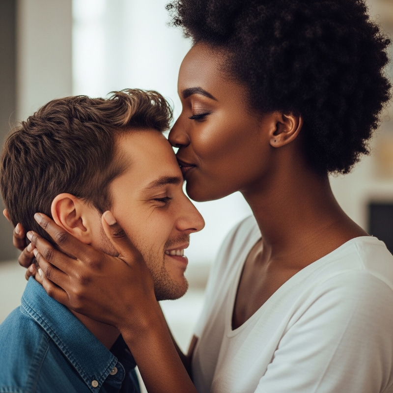 Beautiful Black Woman Sharing a Sweet Forehead Kiss Beautiful Black Woman Sharing a Sweet Forehead Kiss