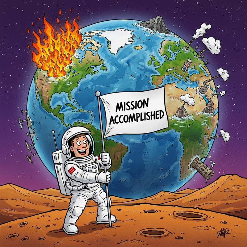 Cartoon Astronaut Plants Flag on Mars - Mission Accomplished