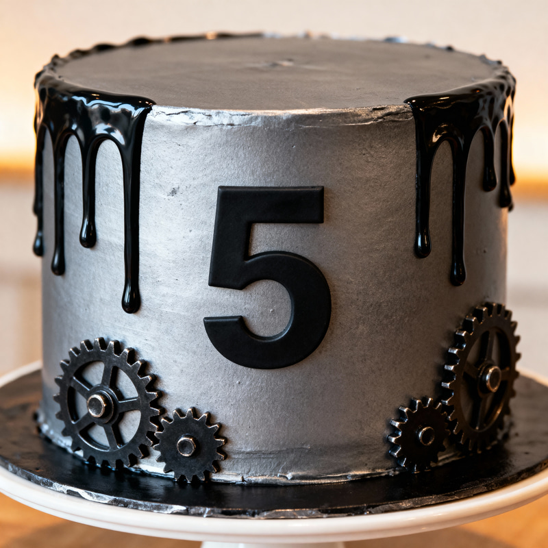 Steel Grey Cake with Black Drip & Gears