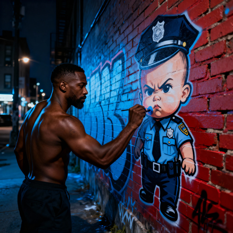 Strong Man Graffiti Art at Night in the City