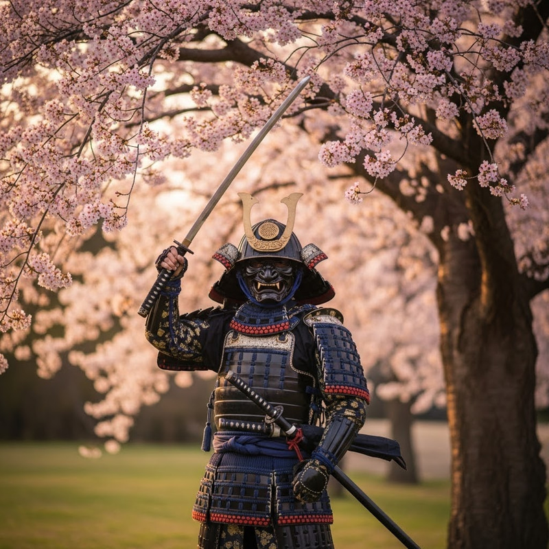 Japanese Warrior with Mask and Cherry Blossom
