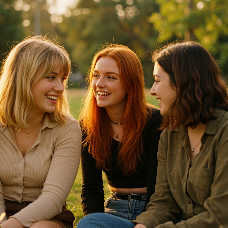 Three Friends: Blonde, Copper, and Brunette Hair Three Friends: Blonde, Copper, and Brunette Hair