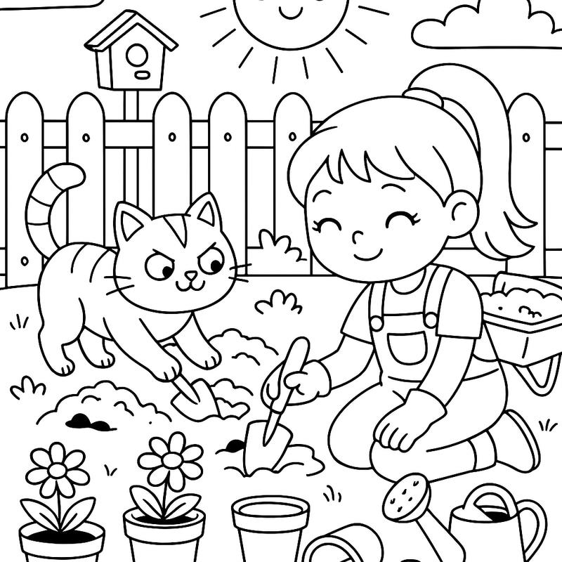 Cute Cat Helping Girl Garden - Coloring Page Cute Cat Helping Girl Garden - Coloring Page