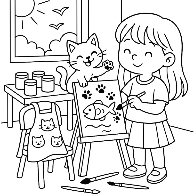 Cute Girl and Cat Coloring Page for Kids Cute Girl and Cat Coloring Page for Kids