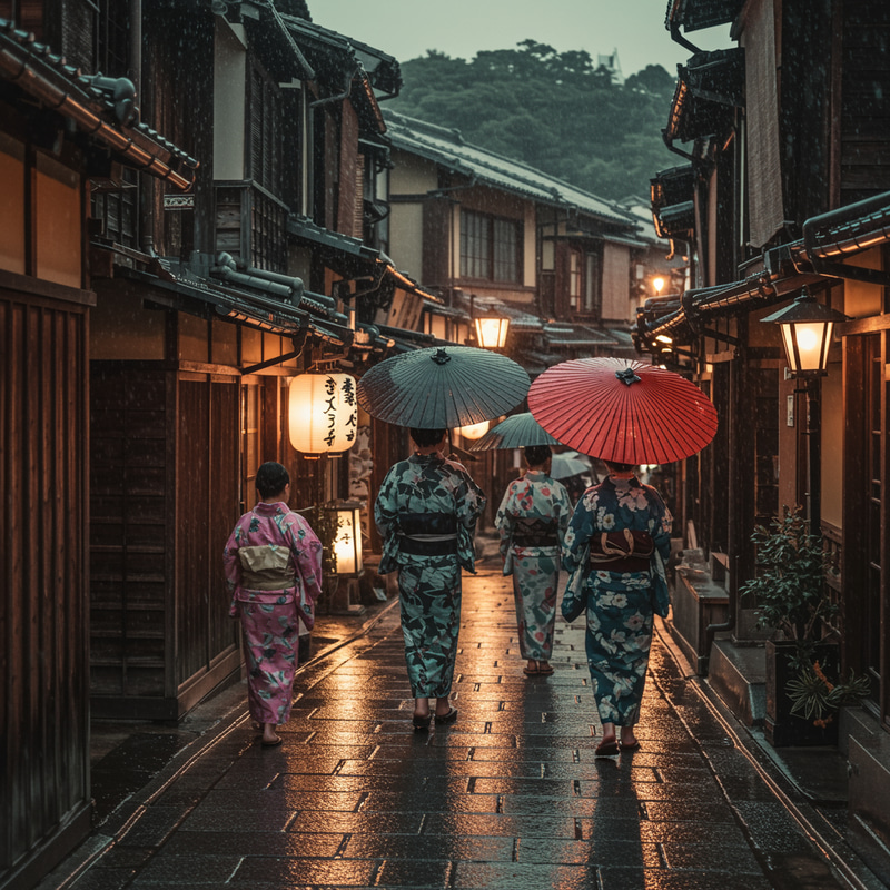 Walking Under Rain: Traditional Japanese Streets