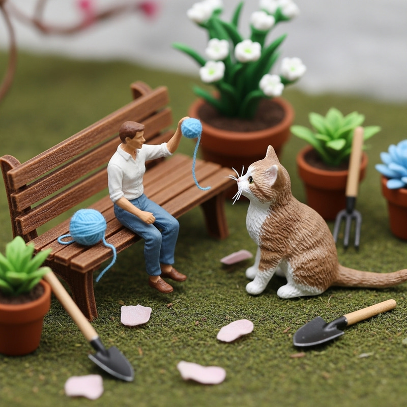 Miniature Garden Scene with Kitten and Yarn Miniature Garden Scene with Kitten and Yarn