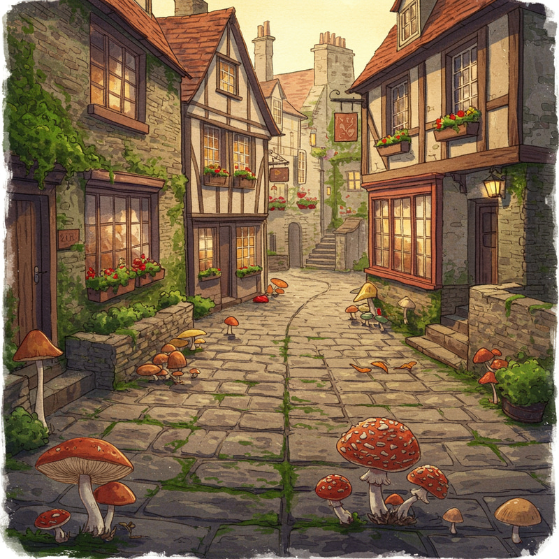 Charming Village Center with Mushrooms
