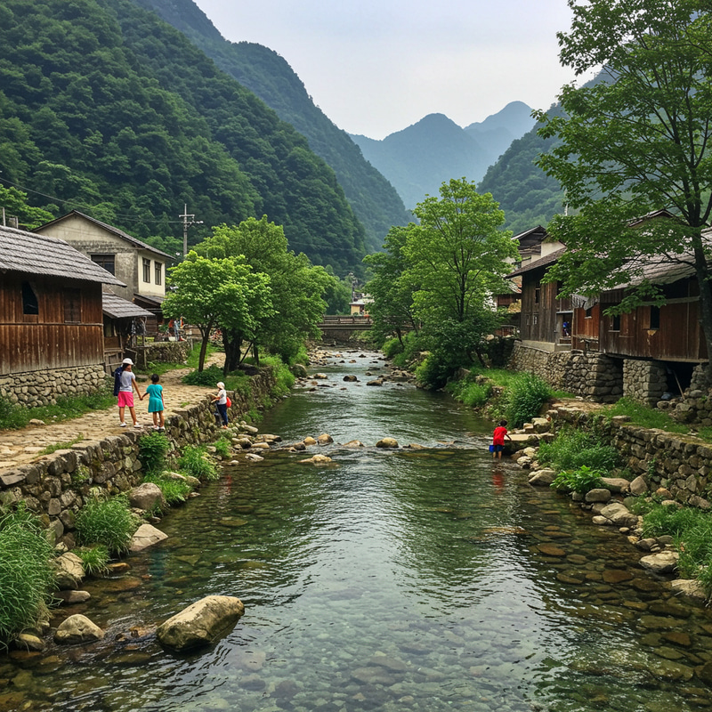 Charming Village by the Sparkling River